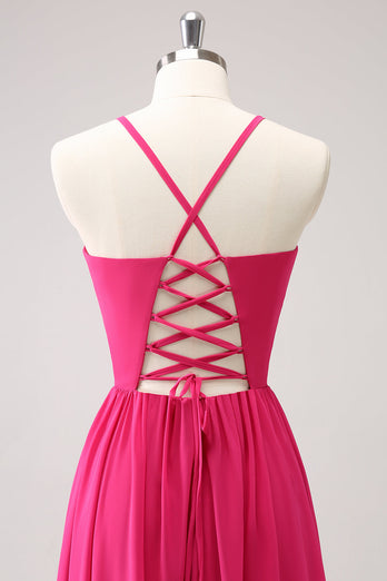 Fuchsia Spaghetti Straps Chiffong Lång Brudtärna Klänning med Slits