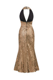 Gyllene Halter Neck Sjöjungfru Satin Midi Cocktail Klänning