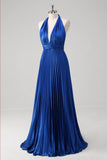 Royal Blue A Line Halter Plisserad Lång Balklänning