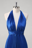 Royal Blue A Line Halter Plisserad Lång Balklänning
