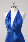 Royal Blue A Line Halter Plisserad Lång Balklänning