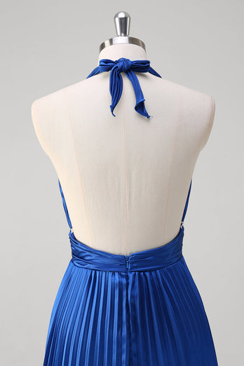 Royal Blue A Line Halter Plisserad Lång Balklänning