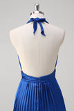 Royal Blue A Line Halter Plisserad Lång Balklänning