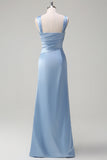 Elegant himmelsblå fodral plisserad satin lång brudtärneklänning med slits