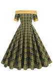 Off The Shoulder Grön Rutnät Vintage 1950-talet Klänning