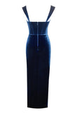 Sexig Royal Blue Velvet Bodycon Cocktailklänning med slits