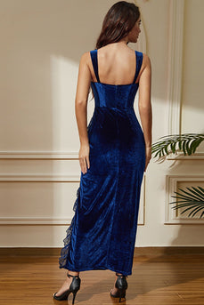 Sexig Royal Blue Velvet Bodycon Cocktailklänning med slits