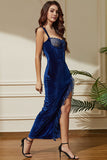 Sexig Royal Blue Velvet Bodycon Cocktailklänning med slits