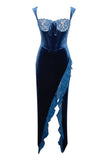 Sexig Royal Blue Velvet Bodycon Cocktailklänning med slits