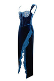 Sexig Royal Blue Velvet Bodycon Cocktailklänning med slits
