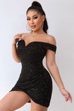 Svart Glittrande Från Axeln Beading Bodycon Kort Cocktailklänning