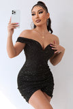 Svart Glittrande Från Axeln Beading Bodycon Kort Cocktailklänning