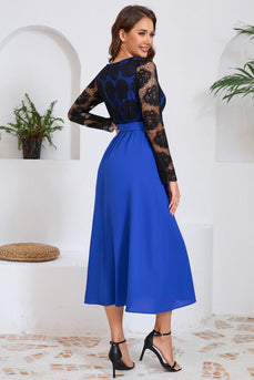 Royal Blue Sheath Lace Top Långärmad Lång Party Klänning med skärp