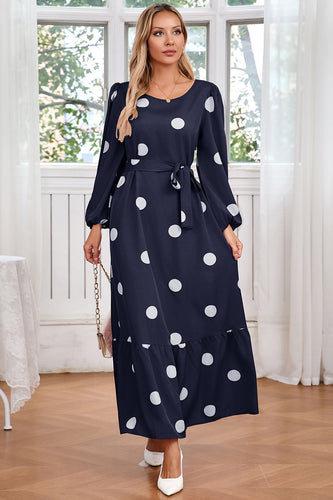 Marinblå Scoop Neck Polka Dots Lång Cocktailklänning med Skärp