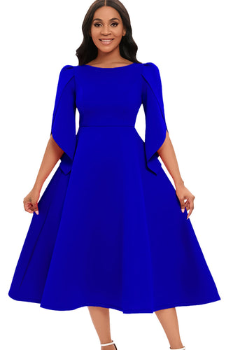 Mode Elegant Royal Blue A Line Solid Swing Klänning med halva ärmar