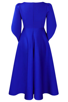 Mode Elegant Royal Blue A Line Solid Swing Klänning med halva ärmar