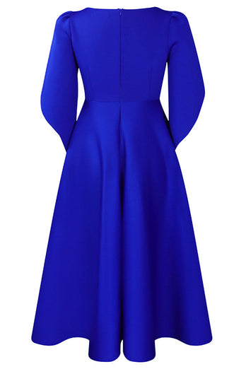 Mode Elegant Royal Blue A Line Solid Swing Klänning med halva ärmar