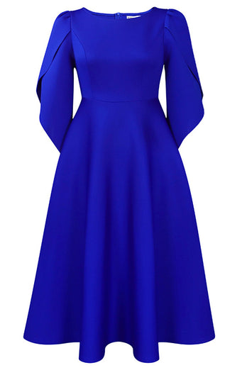 Mode Elegant Royal Blue A Line Solid Swing Klänning med halva ärmar