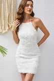 Vit Halter Bodycon Kort Homecoming Klänning med Spets