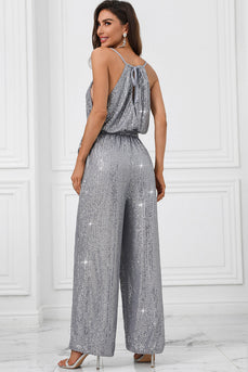 Grå Glitter Paljett Ärmlös Jumpsuit med vida ben