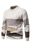 Mäns Vit Rund Hals Colorblock Kabel Pullover Tröja