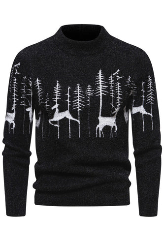 Mäns Svart Slim-fit Crew Neck Christmas Deer Print Tröja