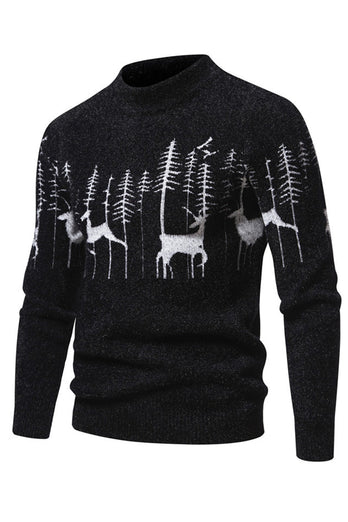 Mäns Svart Slim-fit Crew Neck Christmas Deer Print Tröja