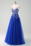 Glittrande A-linje Royal Blue Spaghetti Remmar Korsett Lång Prom Klänning
