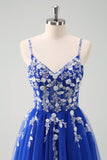 Glittrande A-linje Royal Blue Spaghetti Remmar Korsett Lång Prom Klänning