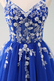 Glittrande A-linje Royal Blue Spaghetti Remmar Korsett Lång Prom Klänning