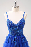 Glittrande A-linje Royal Blue Spaghetti Remmar Korsett Lång Prom Klänning
