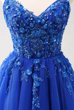 Glittrande A-linje Royal Blue Spaghetti Remmar Korsett Lång Prom Klänning