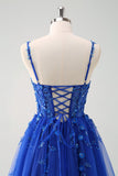 Glittrande A-linje Royal Blue Spaghetti Remmar Korsett Lång Prom Klänning