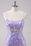 Glittrande lila Bodycon Spaghetti Remmar Paljetter Kort Homecoming Klänning