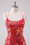 Glitter Röd Spaghetti Remmar Paljetter Bodycon Kort Homecoming Klänning