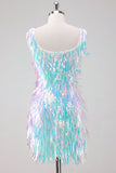 Glittrande Vit Scoop Neck Tight Kort Homecoming Klänning med Tofsar