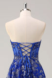 Royal Blue A Line Axelbandslösa applikationer Korsett lång balklänning med slits