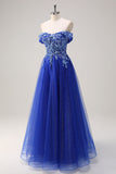 Royal Blue Tulle A-linje från axeln glittrande applikation lång balklänning med pärlor