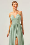 Dusty Sage Halter Korsett Ruffled Lång Brudtärna Klänning med Slits