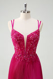 Fuchsia Slida Spaghetti Remmar Plisserad Lång Korsett Balklänning med Applikationer