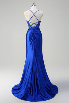 Royal Blue Mermaid Spaghetti Straps veckade Appliqued Prom Klänning