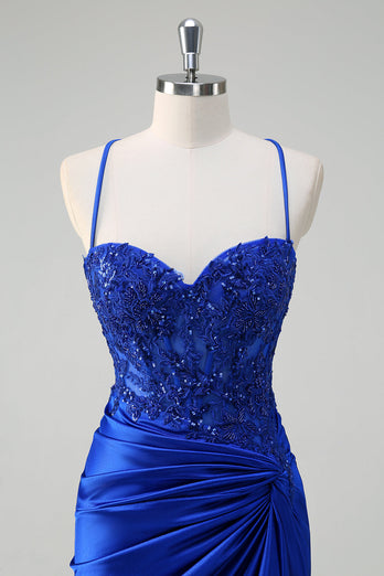 Royal Blue Mermaid Spaghetti Straps veckade Appliqued Prom Klänning