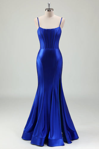 Royal Blue Mermaid Spaghetti Straps Korsett Satin Lång Balklänning med slits