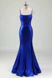 Royal Blue Mermaid Spaghetti Straps Korsett Satin Lång Balklänning med slits
