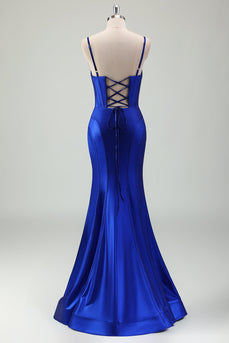 Royal Blue Mermaid Spaghetti Straps Korsett Satin Lång Balklänning med slits