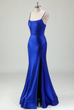 Royal Blue Mermaid Spaghetti Straps Korsett Satin Lång Balklänning med slits