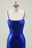 Royal Blue Mermaid Spaghetti Straps Korsett Satin Lång Balklänning med slits