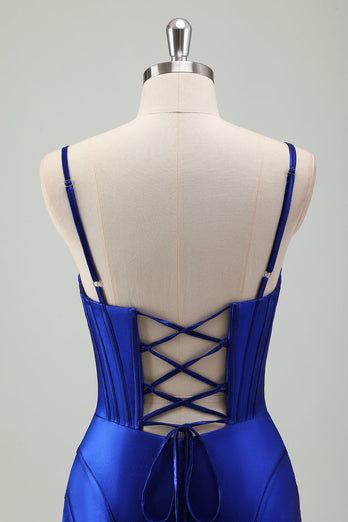 Royal Blue Mermaid Spaghetti Straps Korsett Satin Lång Balklänning med slits