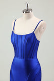 Royal Blue Mermaid Spaghetti Straps Korsett Satin Lång Balklänning med slits