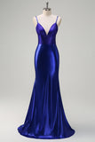 Royal Blue Mermaid V-ringad pärlstav Satin Balklänning med öppen rygg